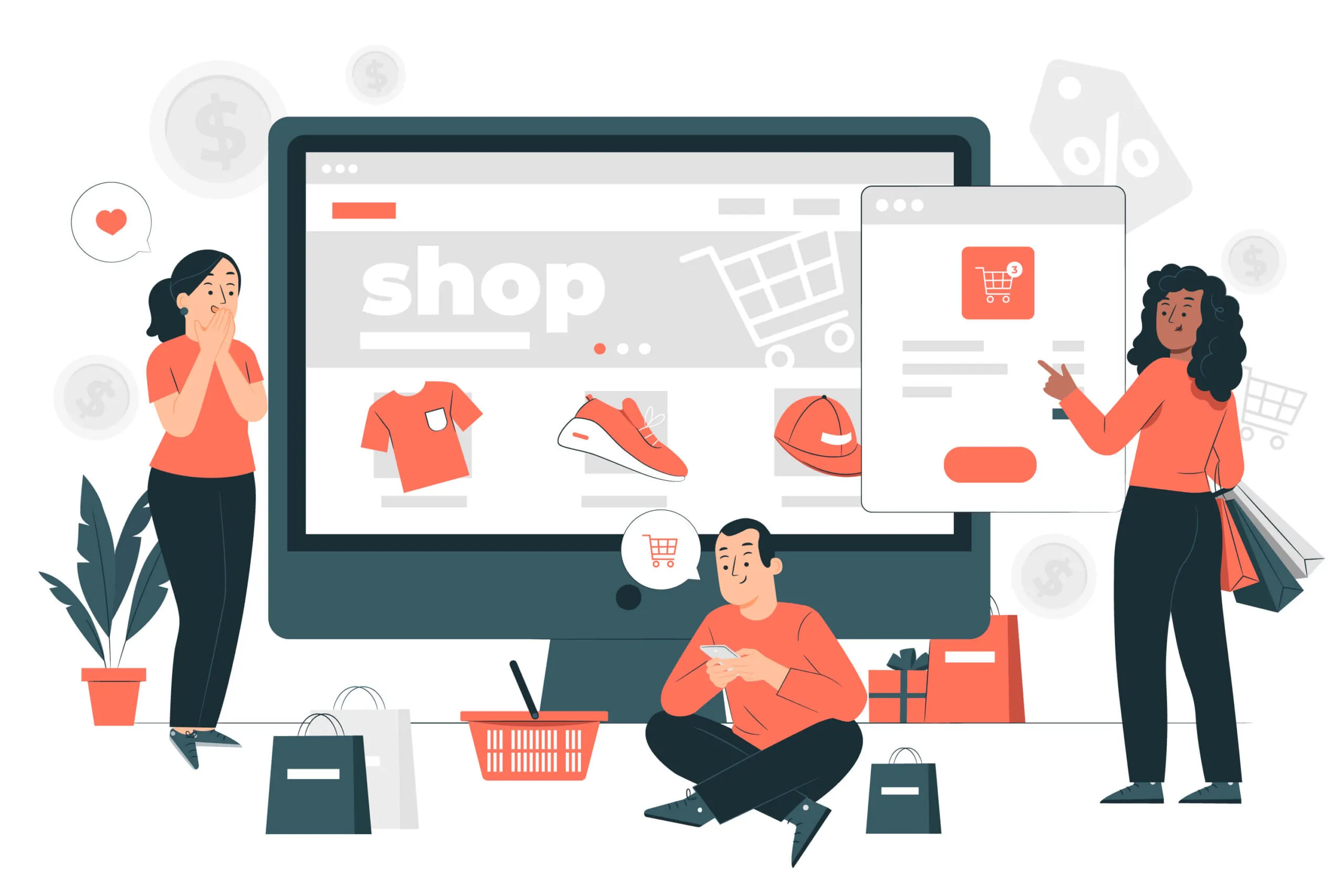 Illustration of an online store and shopping experience